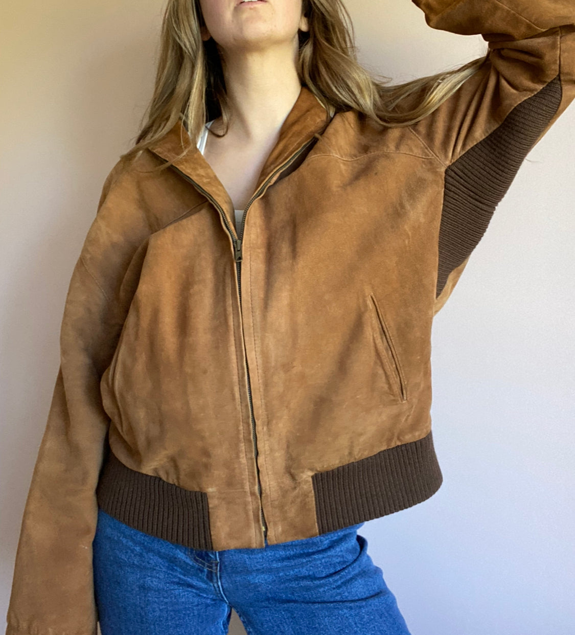 Vintage Brown Suede Bomber Jacket // Size 10-14