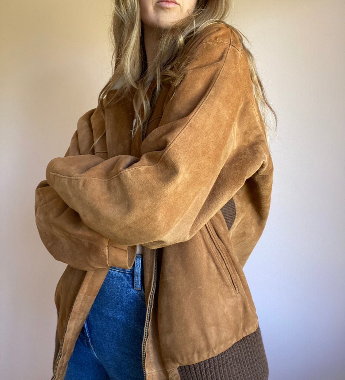 Vintage Brown Suede Bomber Jacket // Size 10-14