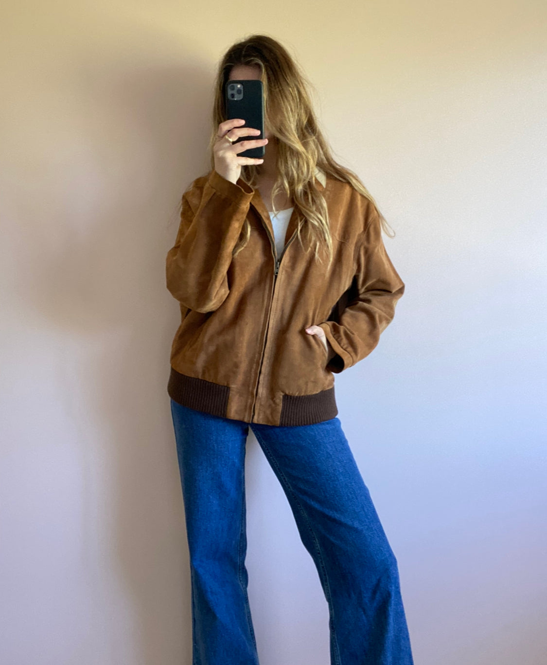 Vintage Brown Suede Bomber Jacket // Size 10-14