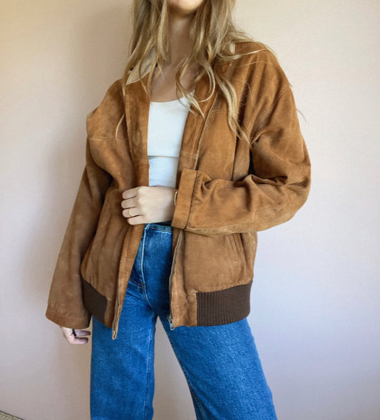 Vintage Brown Suede Bomber Jacket // Size 10-14